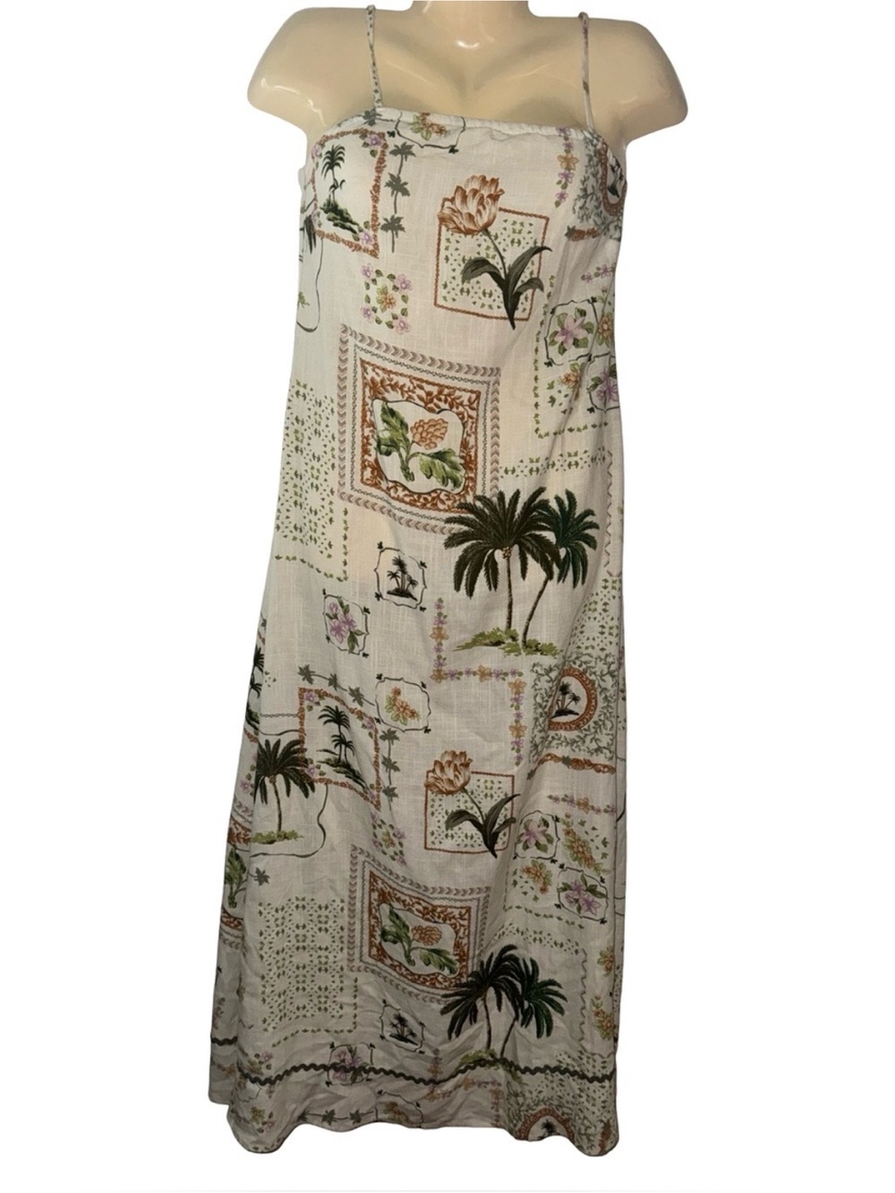 Cream Tropical Print Spaghetti-Strap Maxi Dress